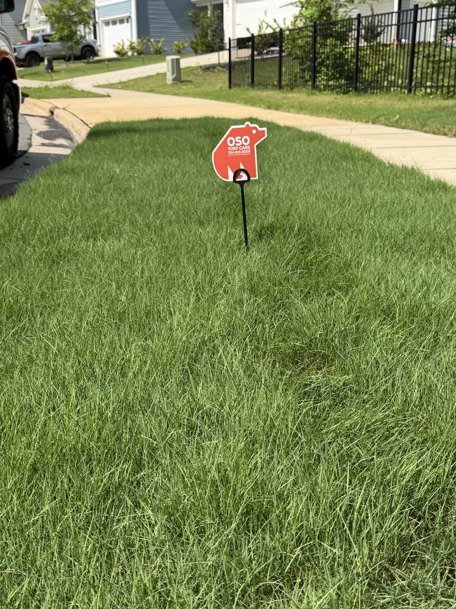 Thick, healthy lawn with an OSO Turf Care yard sign